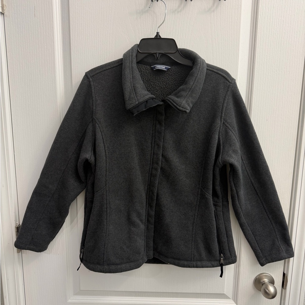 Lands’ End Fleece Jacket L/Petite 14–16 Charcoal Gray Full Zip Sherpa Lined